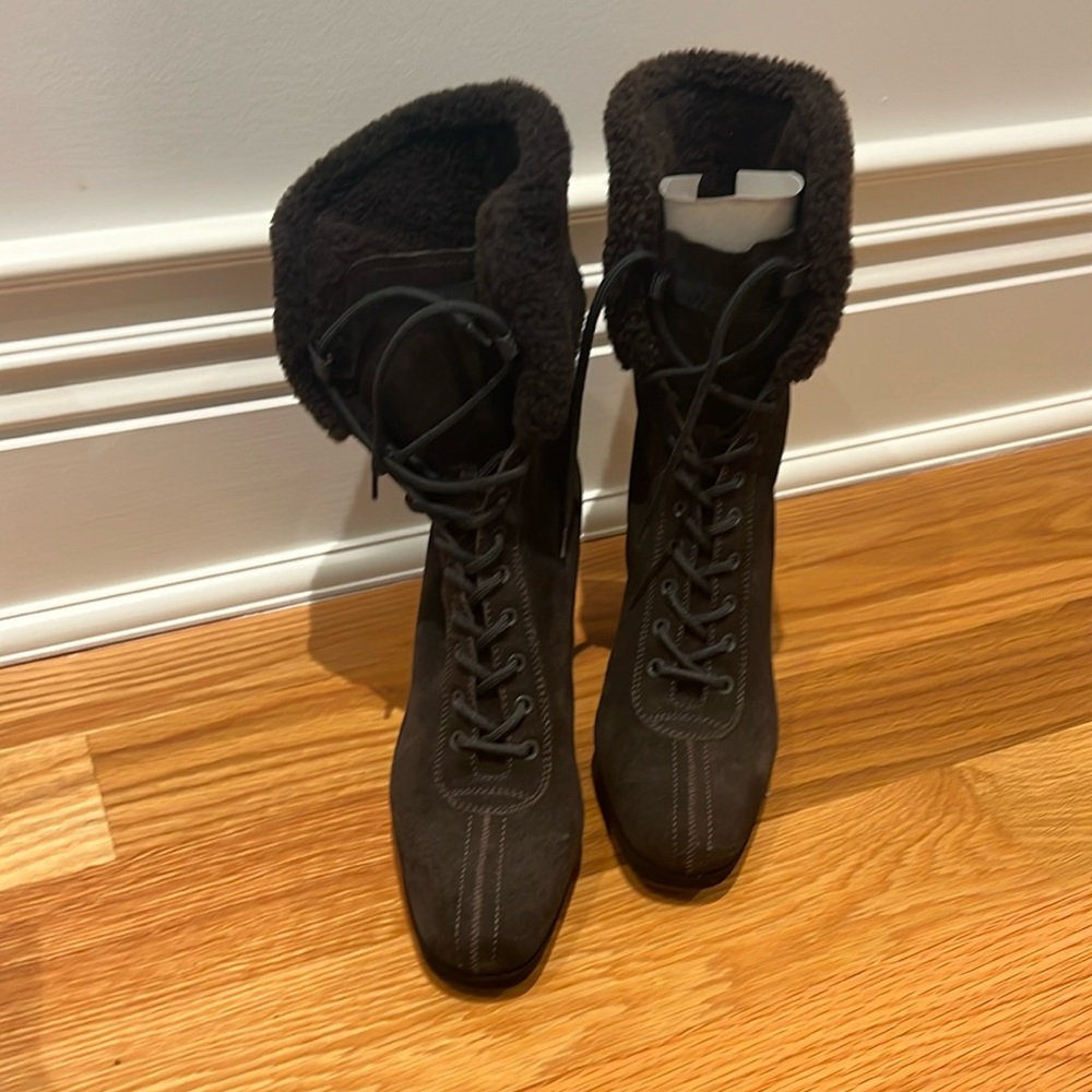 Prada women’s wedged boots brown suede with Sherling size 39 and 1/2 - Picture 1 of 8